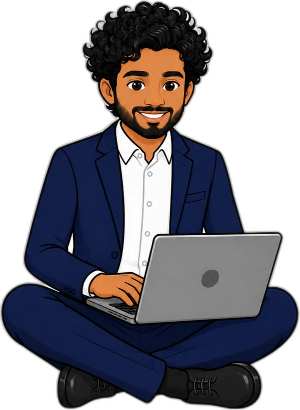 Cartoon Charith sitting cross-legged, typing on a laptop