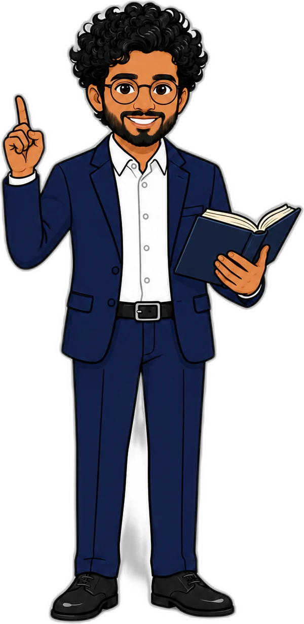 Cartoon Charith in reading glasses holding a book
